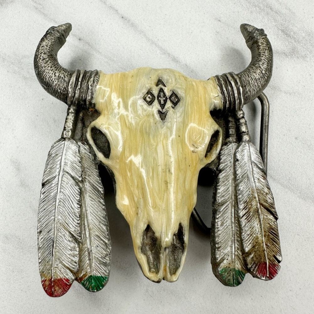 Vintage 1992 Bull Skull Feather Silver Tone Western Belt Buckle Made in USA ✨